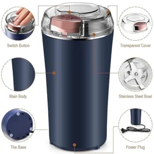 Electric Spice & Coffee Bean Grinder. 4 Blade Stainless Steel Mini Mixer Grinder. Portable Grinding Machine for 'Dry Items'. Suitable for Coffee Beans, Spices, Masala, Nuts & Grains. 200 W. Blue